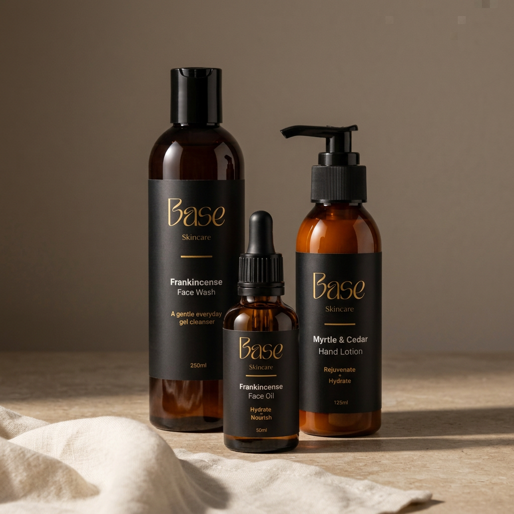Base Skincare range styled with warm stone and linen